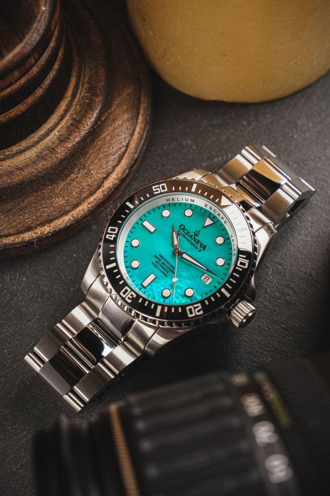 Oceaneva Men's Deep Marine Explorer II 1250M Pro Diver Watch Aquamarine Mother of Pearl Dial - BKII200AQMOPST 1000M, 1250M diver, 316L Stainless Steel Watch, Automatic Watch, Ceramic Bezel, Dive Watch