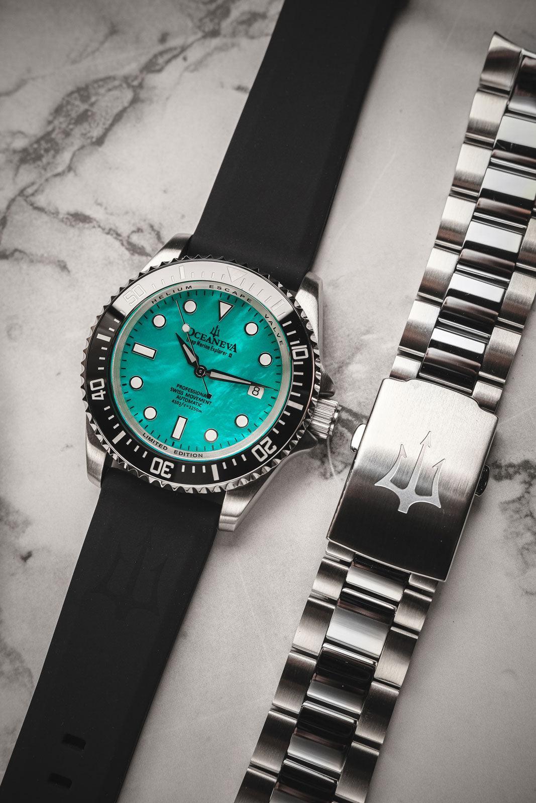 Oceaneva Men's Deep Marine Explorer II 1250M Pro Diver Watch Aquamarine Mother of Pearl Dial - BKII200AQMOPST 1000M, 1250M diver, 316L Stainless Steel Watch, Automatic Watch, Ceramic Bezel, Dive Watch