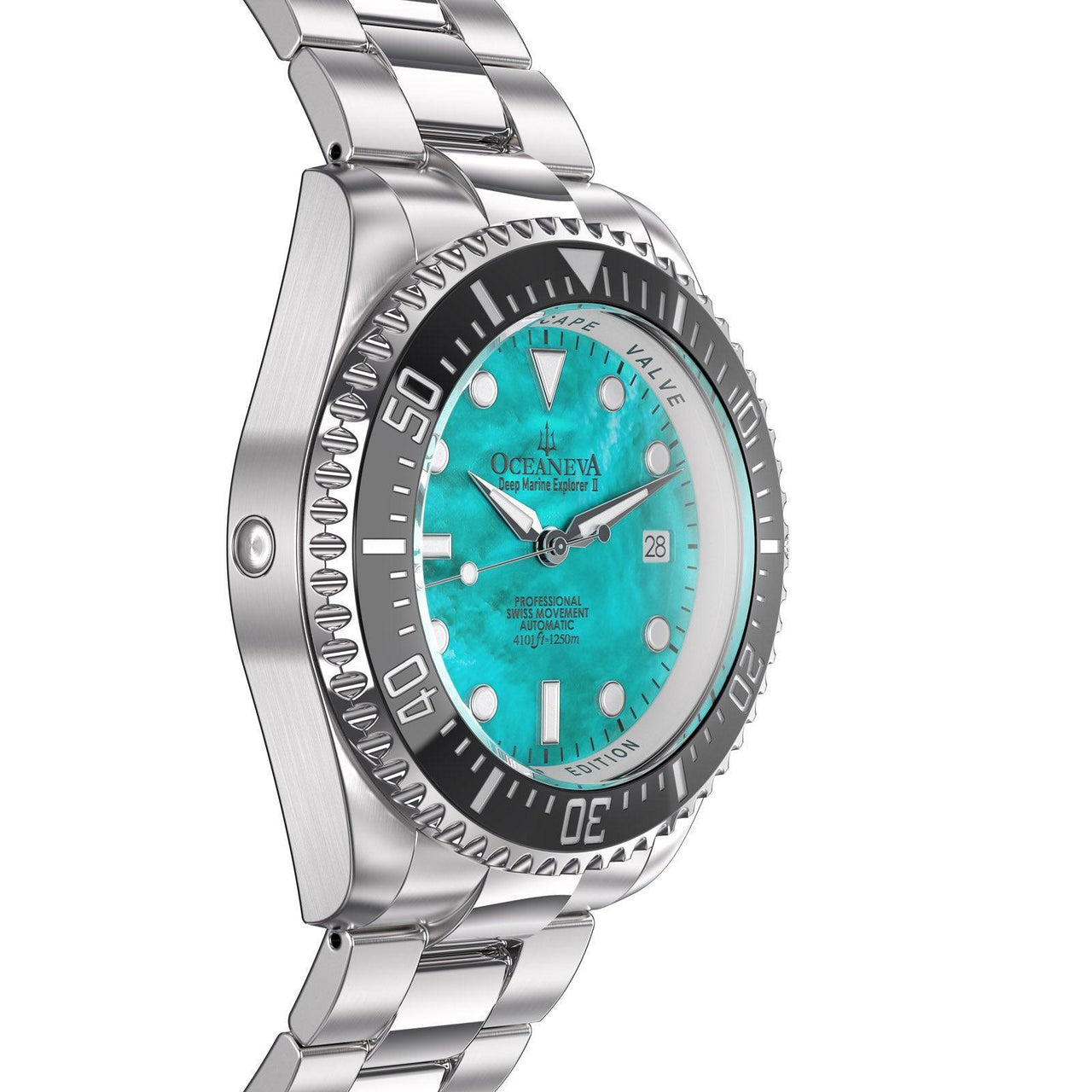Oceaneva Men's Deep Marine Explorer II 1250M Pro Diver Watch Aquamarine Mother of Pearl Dial - BKII200AQMOPST 1000M, 1250M diver, 316L Stainless Steel Watch, Automatic Watch, Ceramic Bezel, Dive Watch