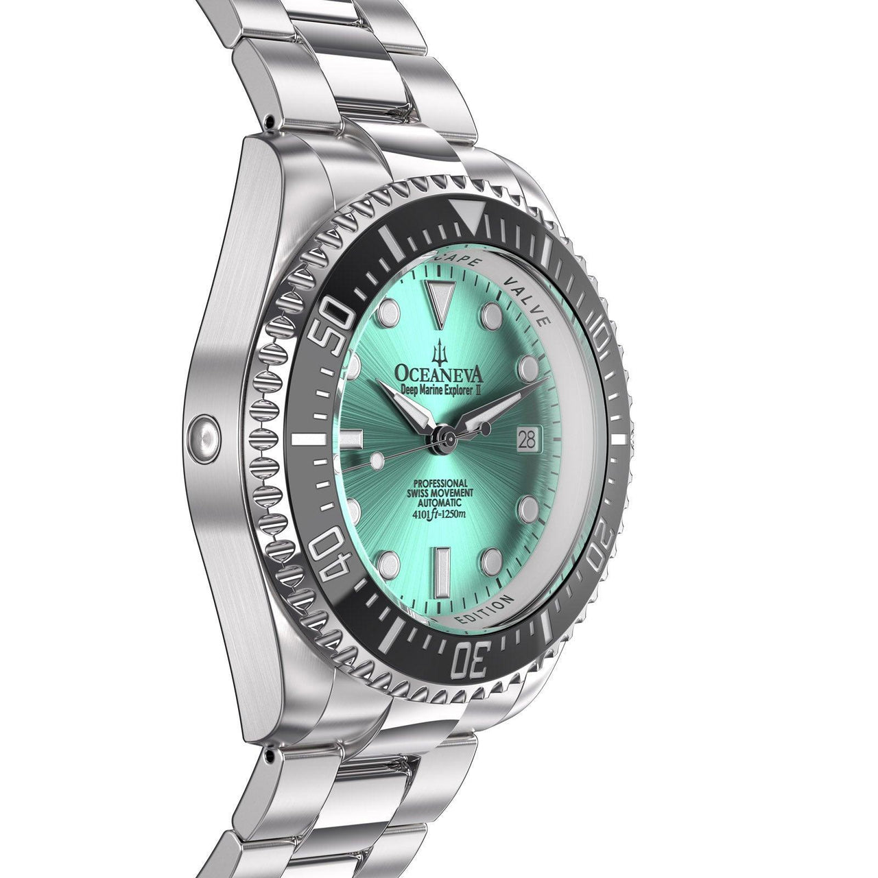 Oceaneva Men's Deep Marine Explorer II 1250M Pro Diver Watch Aquamarine Burst Dial - BKII200AQST 1000M, 1250M diver, 316L Stainless Steel Watch, Automatic Watch, BGW9 Swiss-Superluminova, Ceramic Bezel, Dive Watch, Sw200-1 Swiss Automatic Movement