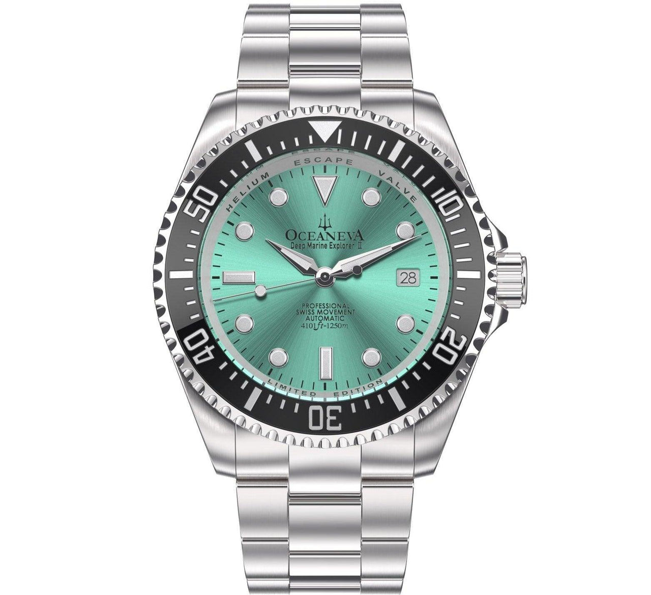 Oceaneva Men's Deep Marine Explorer II 1250M Pro Diver Watch Aquamarine Burst Dial - BKII200AQST 1000M, 1250M diver, 316L Stainless Steel Watch, Automatic Watch, BGW9 Swiss-Superluminova, Ceramic Bezel, Dive Watch, Sw200-1 Swiss Automatic Movement