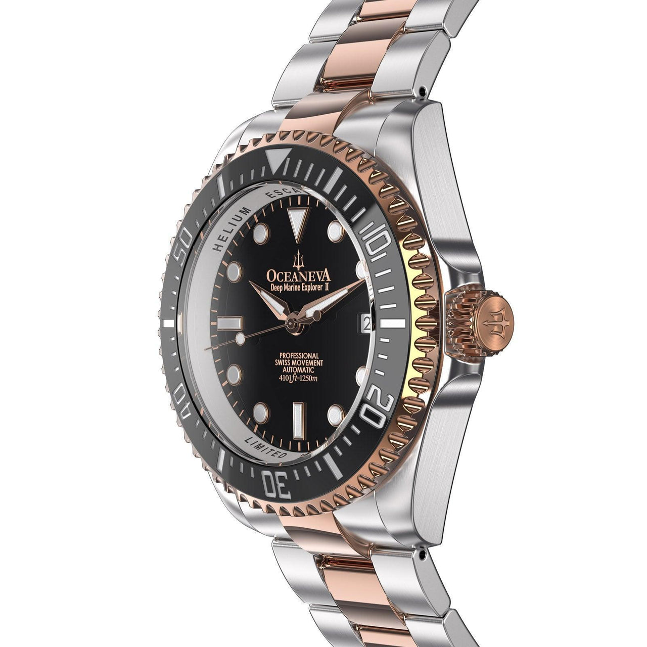 Oceaneva Men's Deep Marine Explorer II 1250M Pro Diver Watch Black Rose Gold - BKII200BKSTRGD 1000M, 1250M, 316L Stainless Steel Watch, Automatic Watch, BGW9 Swiss-Superluminova, Ceramic Bezel, Dive Watch, Sw200-1 Swiss Automatic Movement