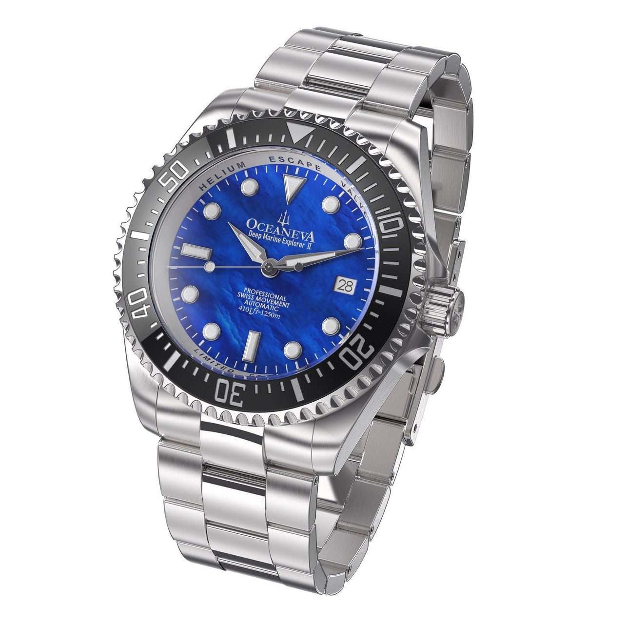 Oceaneva Men's Deep Marine Explorer II 1250M Pro Diver Watch Blue Mother Of Pearl - BKII200BLMOPST 1000M, 1250M diver, 316L Stainless Steel Watch, Automatic Watch, BGW9 Swiss-Superluminova, Ceramic Bezel, Dive Watch, Sw200-1 Swiss Automatic Movement
