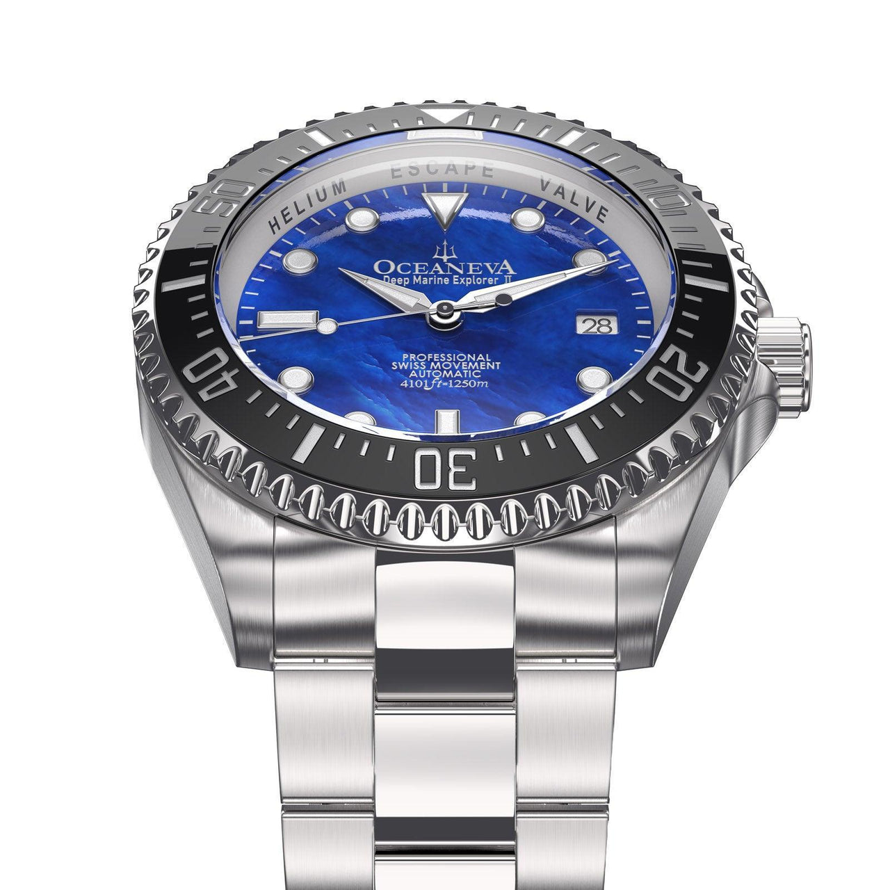 Oceaneva Men's Deep Marine Explorer II 1250M Pro Diver Watch Blue Mother Of Pearl - BKII200BLMOPST 1000M, 1250M diver, 316L Stainless Steel Watch, Automatic Watch, BGW9 Swiss-Superluminova, Ceramic Bezel, Dive Watch, Sw200-1 Swiss Automatic Movement
