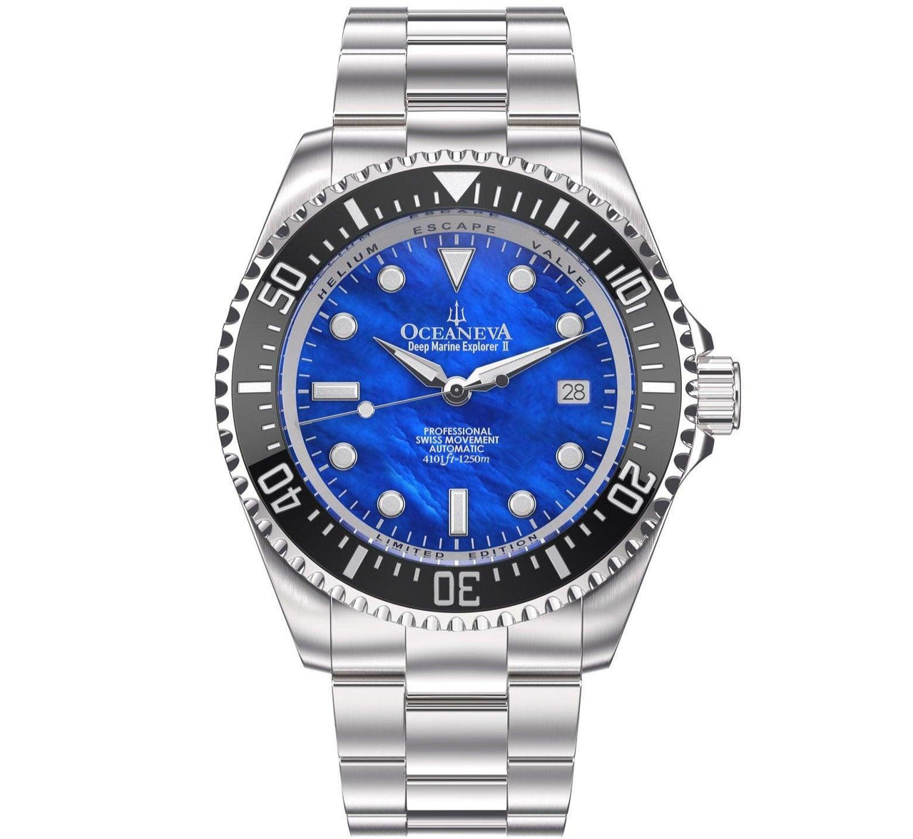 Oceaneva Men's Deep Marine Explorer II 1250M Pro Diver Watch Blue Mother Of Pearl - BKII200BLMOPST 1000M, 1250M diver, 316L Stainless Steel Watch, Automatic Watch, BGW9 Swiss-Superluminova, Ceramic Bezel, Dive Watch, Sw200-1 Swiss Automatic Movement
