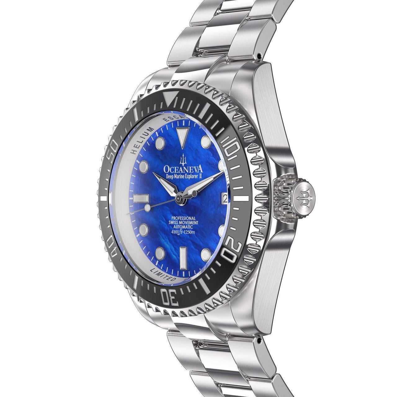 Oceaneva Men's Deep Marine Explorer II 1250M Pro Diver Watch Blue Mother Of Pearl - BKII200BLMOPST 1000M, 1250M diver, 316L Stainless Steel Watch, Automatic Watch, BGW9 Swiss-Superluminova, Ceramic Bezel, Dive Watch, Sw200-1 Swiss Automatic Movement
