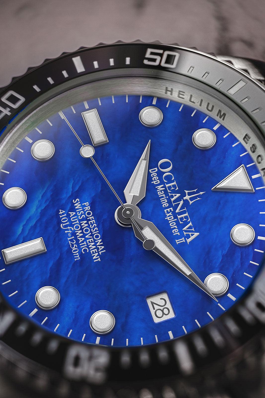 Oceaneva Men's Deep Marine Explorer II 1250M Pro Diver Watch Blue Mother Of Pearl - BKII200BLMOPST 1000M, 1250M diver, 316L Stainless Steel Watch, Automatic Watch, BGW9 Swiss-Superluminova, Ceramic Bezel, Dive Watch, Sw200-1 Swiss Automatic Movement