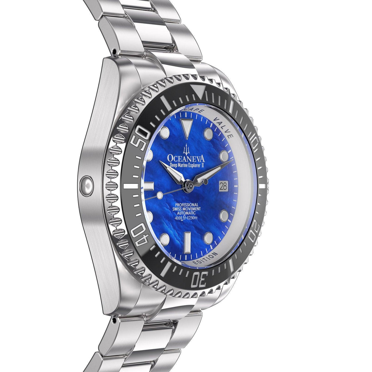 Oceaneva Men's Deep Marine Explorer II 1250M Pro Diver Watch Blue Mother Of Pearl - BKII200BLMOPST 1000M, 1250M diver, 316L Stainless Steel Watch, Automatic Watch, BGW9 Swiss-Superluminova, Ceramic Bezel, Dive Watch, Sw200-1 Swiss Automatic Movement