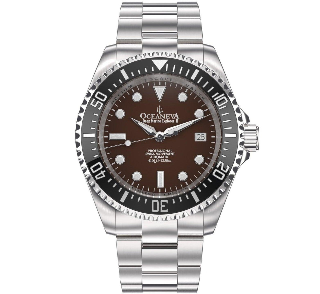 Oceaneva Men's Deep Marine Explorer II 1250M Pro Diver Watch Black and Brown - BKII200BRST 1000M, 1250M, 316L Stainless Steel Watch, Automatic Watch, BGW9 Swiss-Superluminova, Ceramic Bezel, Dive Watch, Sw200-1 Swiss Automatic Movement
