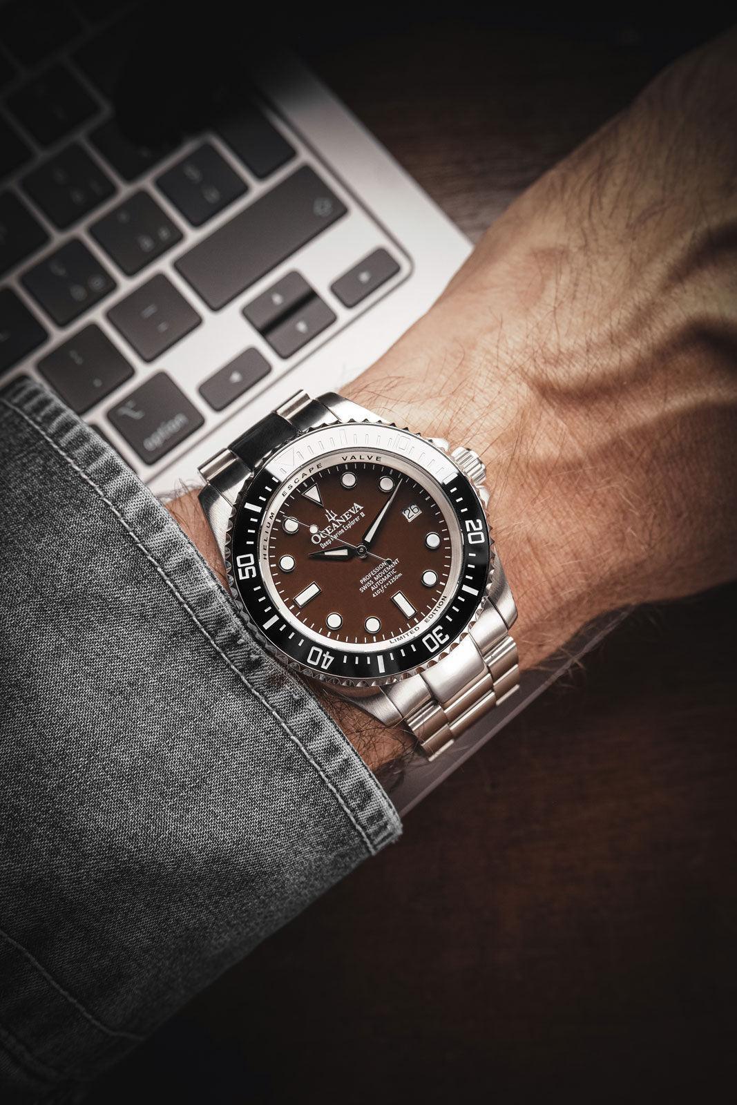 Oceaneva Men's Deep Marine Explorer II 1250M Pro Diver Watch Black and Brown - BKII200BRST 1000M, 1250M, 316L Stainless Steel Watch, Automatic Watch, BGW9 Swiss-Superluminova, Ceramic Bezel, Dive Watch, Sw200-1 Swiss Automatic Movement