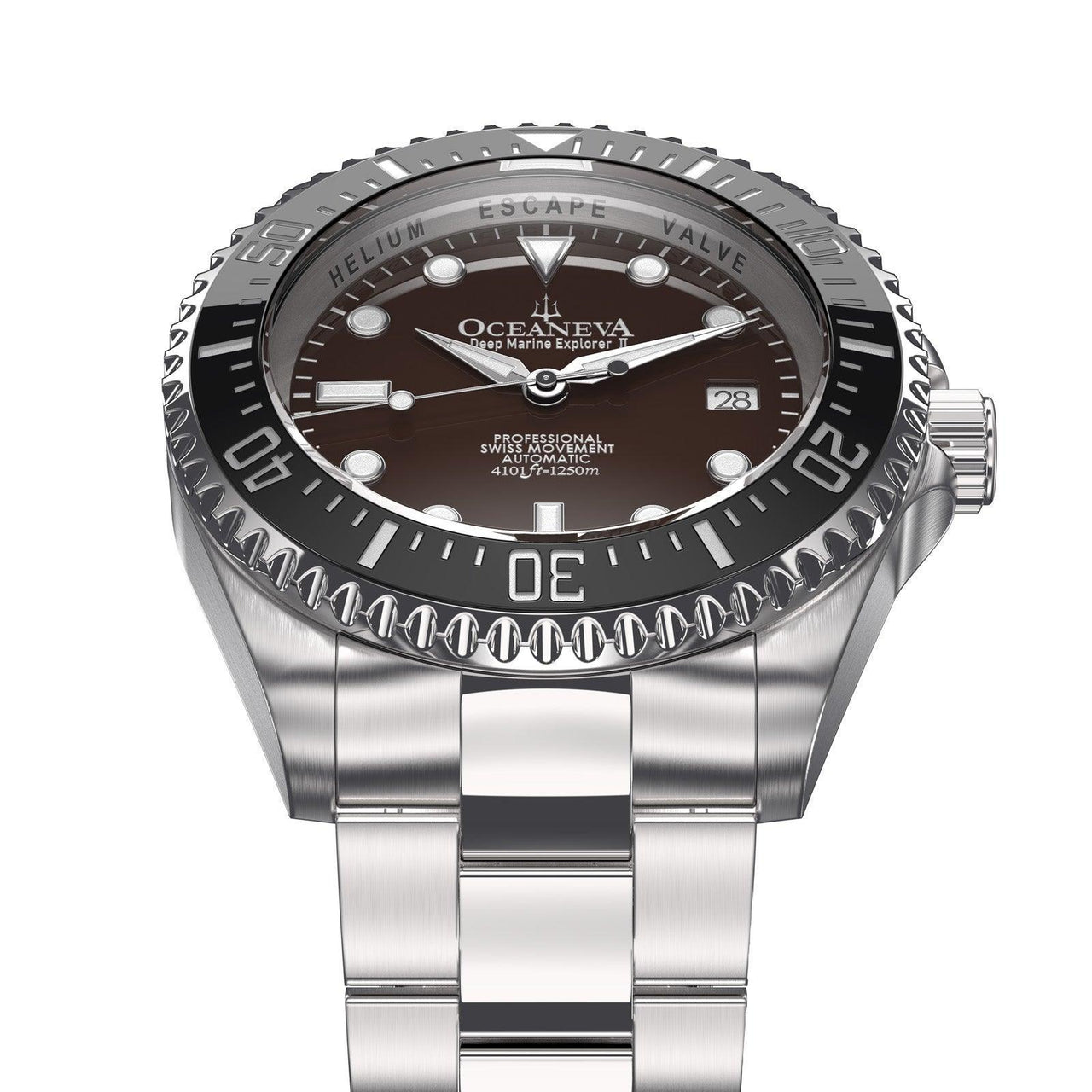 Oceaneva Men's Deep Marine Explorer II 1250M Pro Diver Watch Black and Brown - BKII200BRST 1000M, 1250M, 316L Stainless Steel Watch, Automatic Watch, BGW9 Swiss-Superluminova, Ceramic Bezel, Dive Watch, Sw200-1 Swiss Automatic Movement