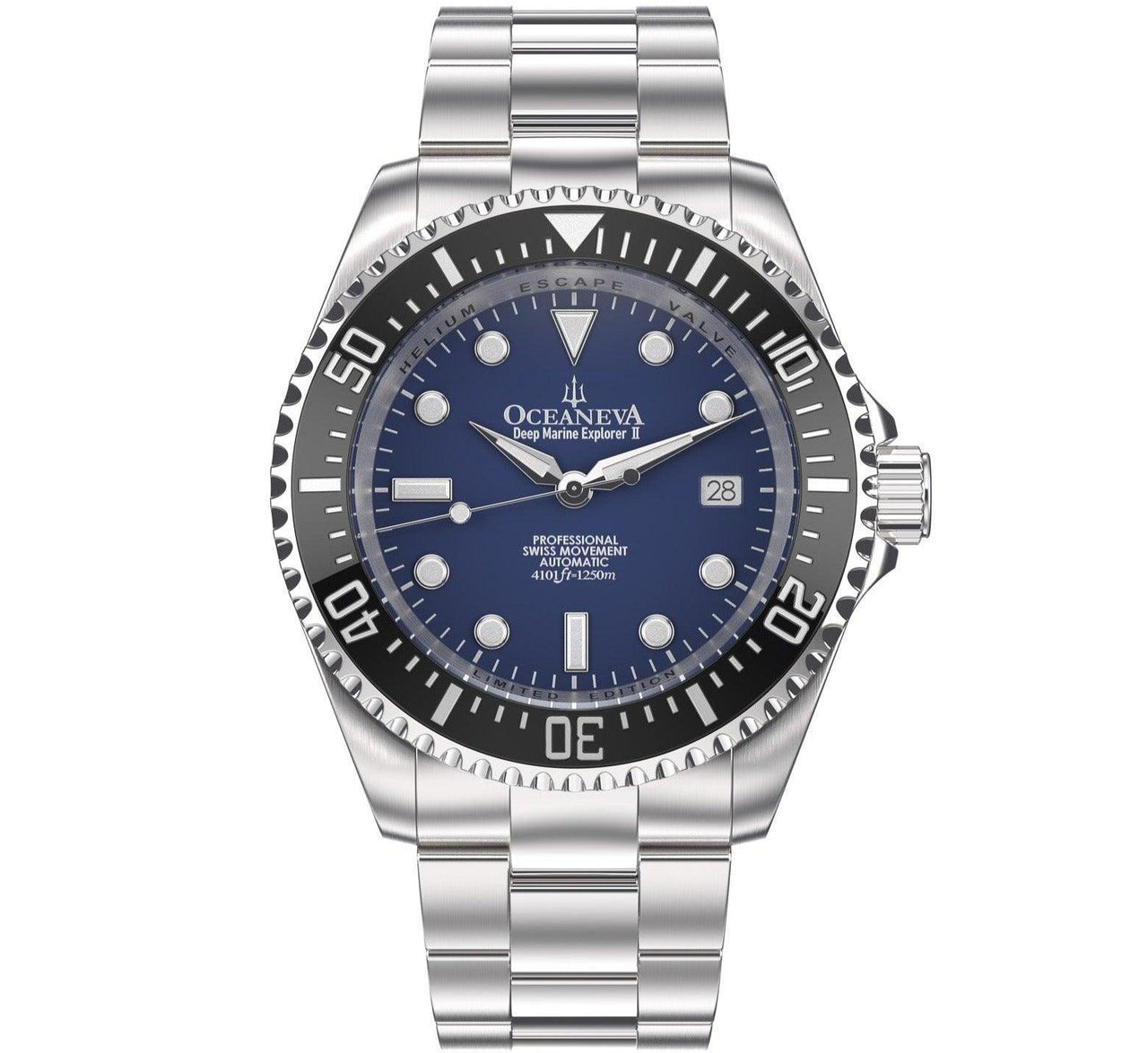 Oceaneva Men's Deep Marine Explorer II 1250M Pro Diver Watch Navy Blue - BKII200NBLST 1000M, 1250M, 316L Stainless Steel Watch, Automatic Watch, BGW9 Swiss-Superluminova, Ceramic Bezel, Dive Watch, Sw200-1 Swiss Automatic Movement