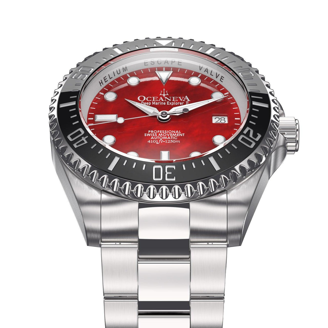 Oceaneva Men's Deep Marine Explorer II 1250M Pro Diver Watch Red Mother of Pearl Dial - BKII200RDMOPST 1000M, 1250M diver, 316L Stainless Steel Watch, Automatic Watch, BGW9 Swiss-Superluminova, Ceramic Bezel, Dive Watch, Sw200-1 Swiss Automatic Movement