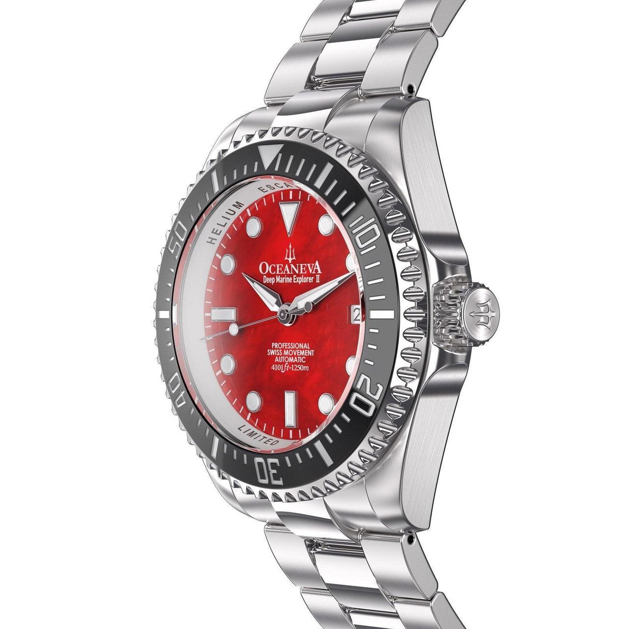 Oceaneva Men's Deep Marine Explorer II 1250M Pro Diver Watch Red Mother of Pearl Dial - BKII200RDMOPST 1000M, 1250M diver, 316L Stainless Steel Watch, Automatic Watch, BGW9 Swiss-Superluminova, Ceramic Bezel, Dive Watch, Sw200-1 Swiss Automatic Movement