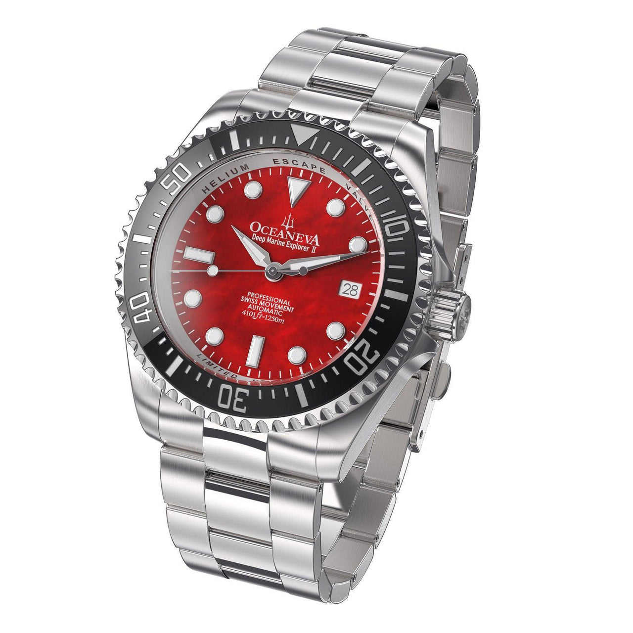 Oceaneva Men's Deep Marine Explorer II 1250M Pro Diver Watch Red Mother of Pearl Dial - BKII200RDMOPST 1000M, 1250M diver, 316L Stainless Steel Watch, Automatic Watch, BGW9 Swiss-Superluminova, Ceramic Bezel, Dive Watch, Sw200-1 Swiss Automatic Movement