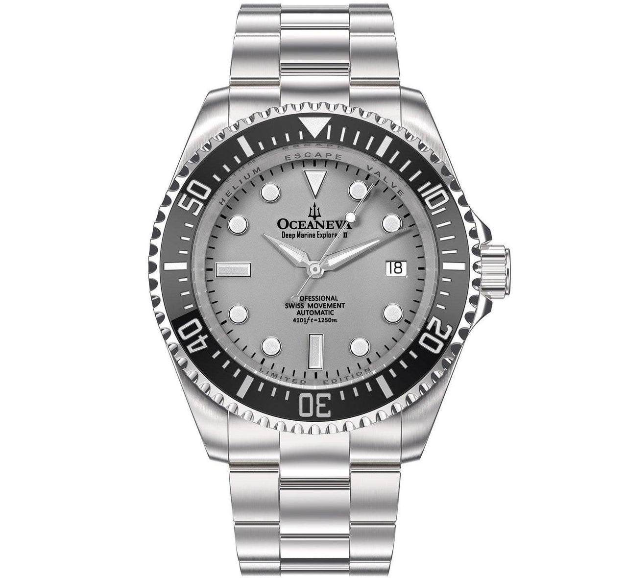 Oceaneva Men's Deep Marine Explorer II 1250M Pro Diver Watch Gray - BKII200SVST 1000M, 1250M, 316L Stainless Steel Watch, Automatic Watch, BGW9 Swiss-Superluminova, Ceramic Bezel, Dive Watch, Sw200-1 Swiss Automatic Movement