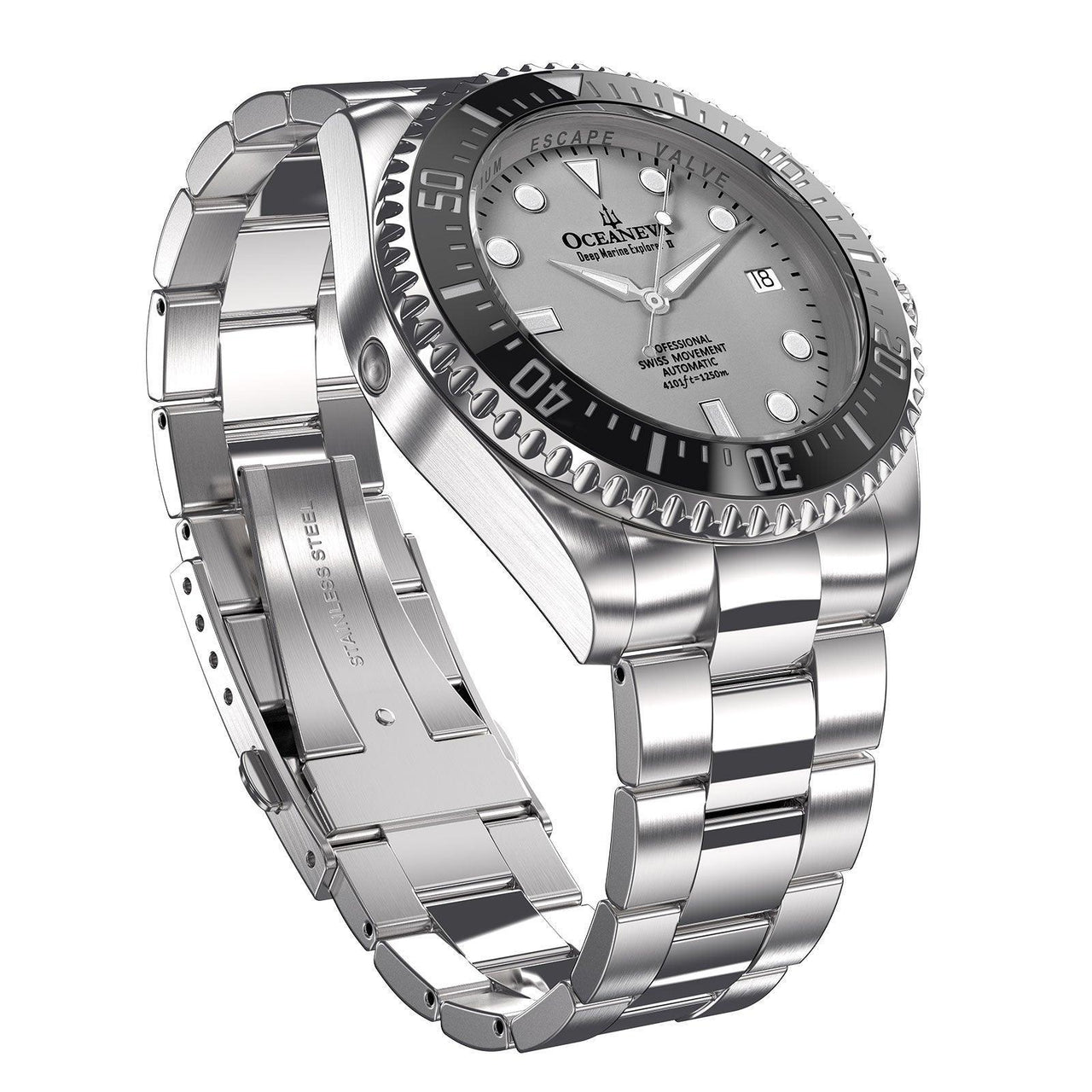 Oceaneva Men's Deep Marine Explorer II 1250M Pro Diver Watch Gray - BKII200SVST 1000M, 1250M, 316L Stainless Steel Watch, Automatic Watch, BGW9 Swiss-Superluminova, Ceramic Bezel, Dive Watch, Sw200-1 Swiss Automatic Movement