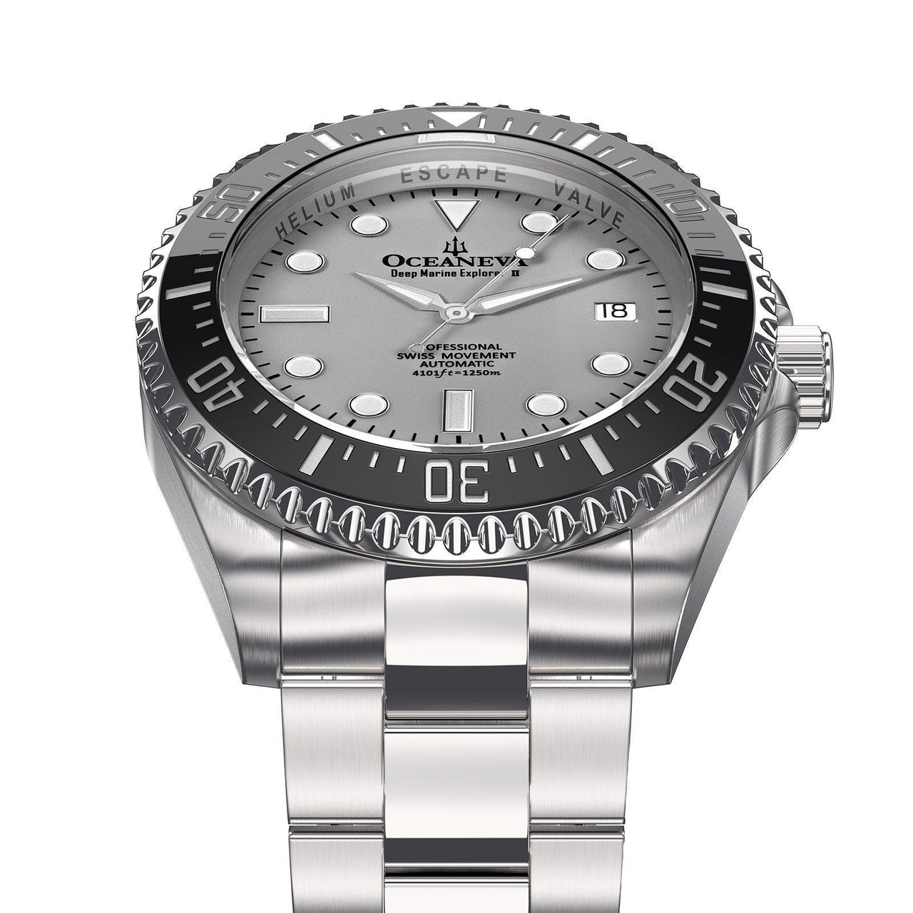 Oceaneva Men's Deep Marine Explorer II 1250M Pro Diver Watch Gray - BKII200SVST 1000M, 1250M, 316L Stainless Steel Watch, Automatic Watch, BGW9 Swiss-Superluminova, Ceramic Bezel, Dive Watch, Sw200-1 Swiss Automatic Movement