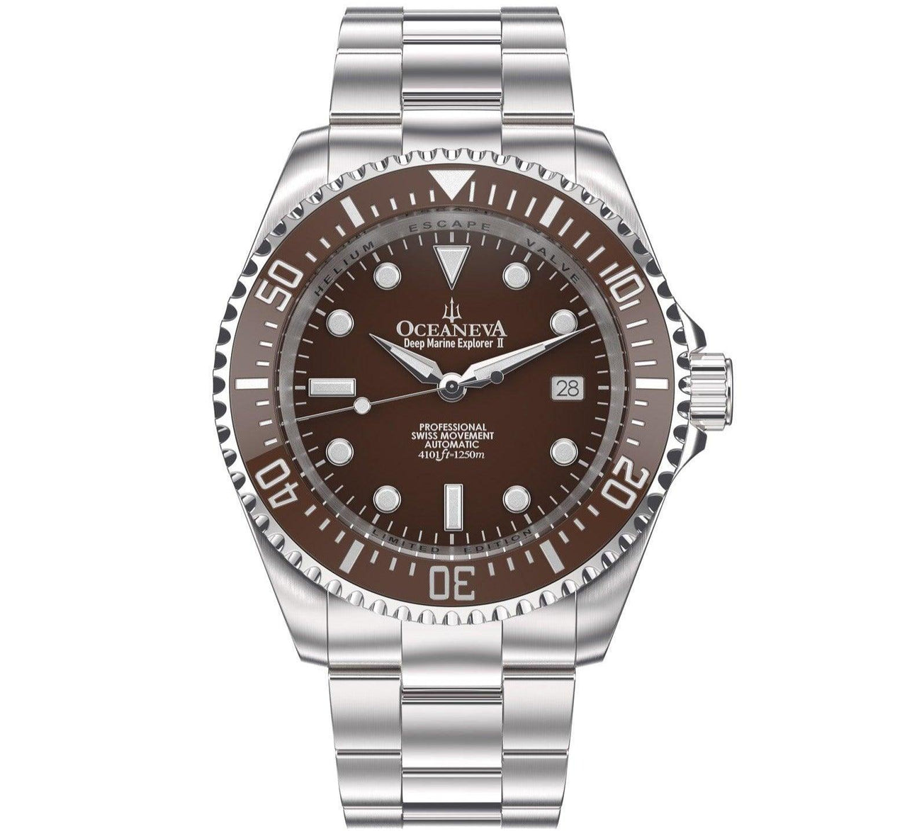 Oceaneva Men's Deep Marine Explorer II1250M Pro Diver Watch Brown - BRII200BRST 1000M, 1250M, 316L Stainless Steel Watch, Automatic Watch, BGW9 Swiss-Superluminova, Ceramic Bezel, Dive Watch, Sw200-1 Swiss Automatic Movement