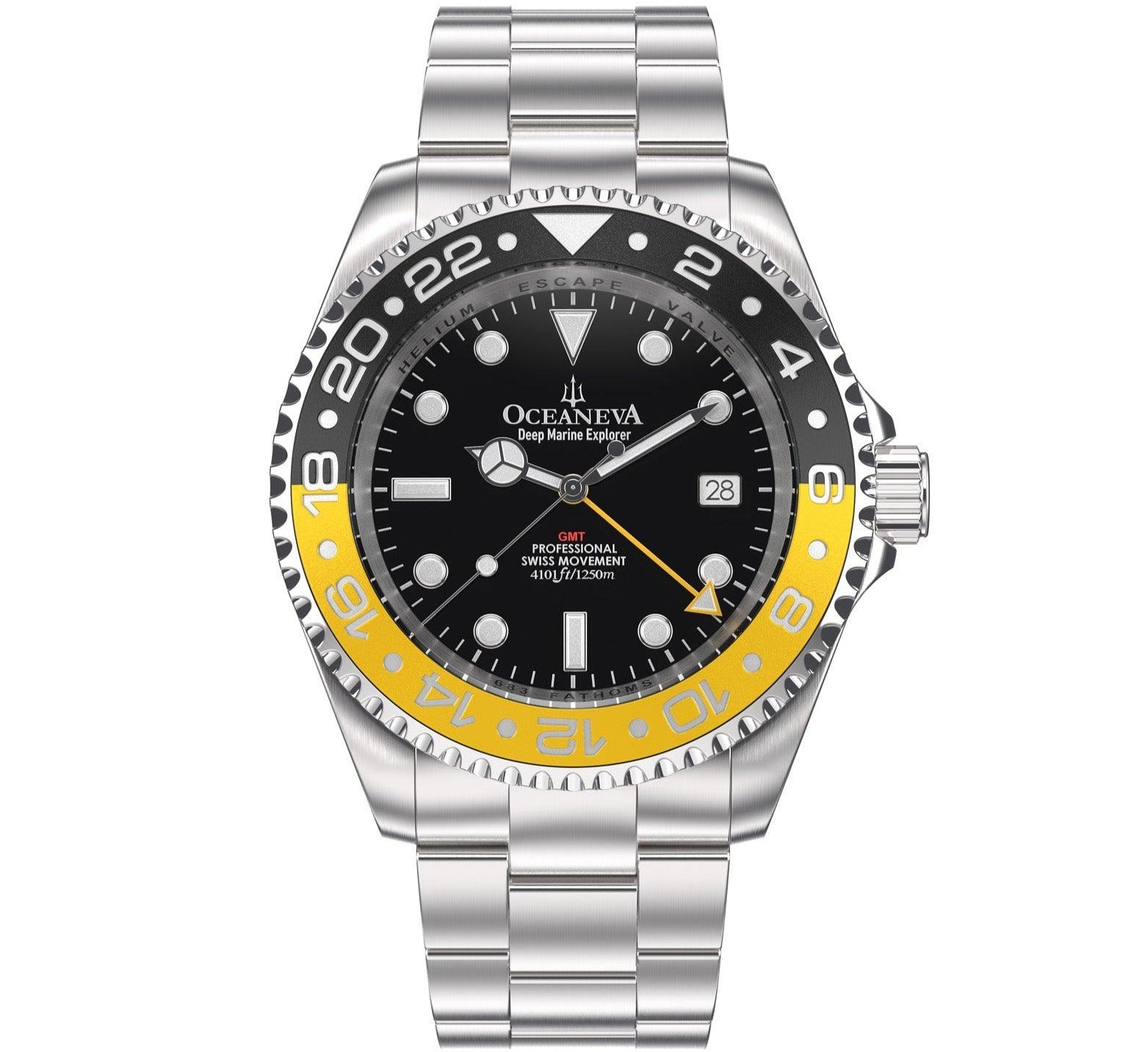 Oceaneva Men's GMT Deep Marine Explorer 1250M Pro Diver Watch Yellow and  Black Diver Watch