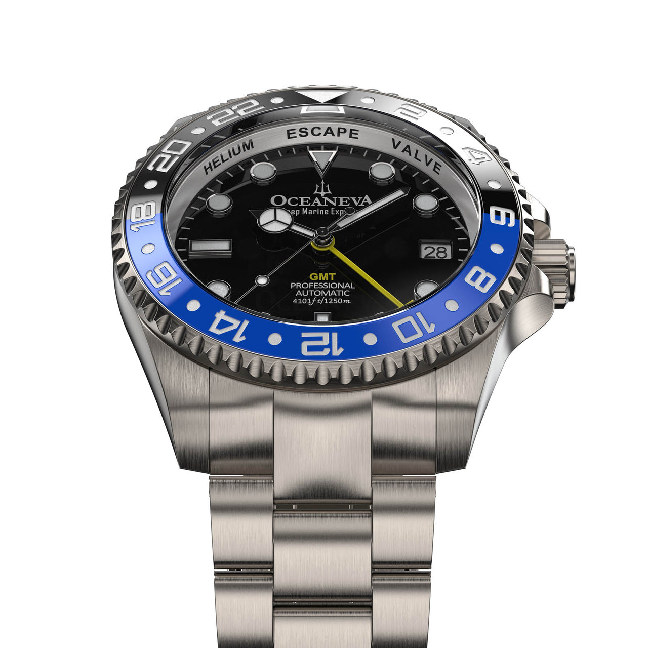 Close-up of Seiko NH34 GMT automatic movement in Oceaneva Titanium Watch