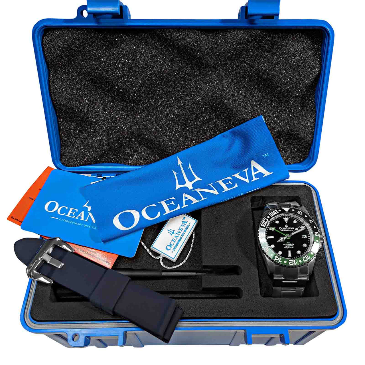 Oceaneva Titanium Automatic Watch beside its Waterproof & Dust-Proof Blue Case