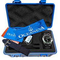 Thumbnail for Oceaneva Titanium Automatic Watch beside its Waterproof & Dust-Proof Blue Case