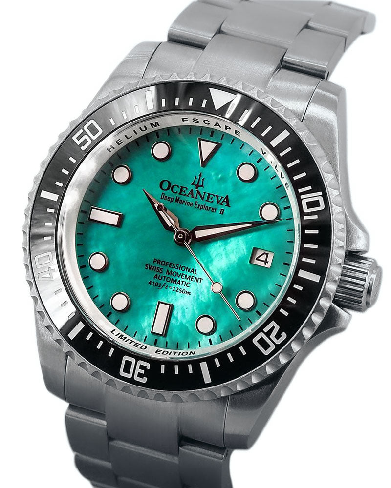 Oceaneva™ Men's Deep Marine Explorer II 1250M Titanium Watch Aquamarine Mother of Pearl Dial