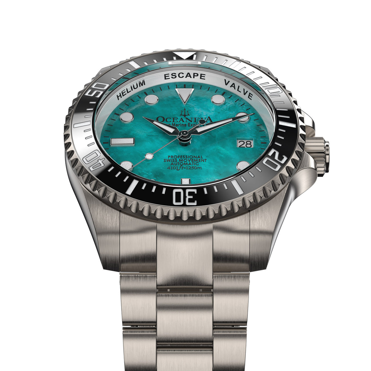 Oceaneva™ Men's Deep Marine Explorer II 1250M Titanium Watch Aquamarine Mother of Pearl Dial