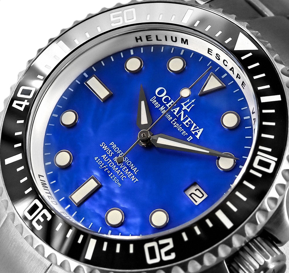 Oceaneva™ Men's Deep Marine Explorer II 1250M Titanium Watch Blue Mother Of Pearl