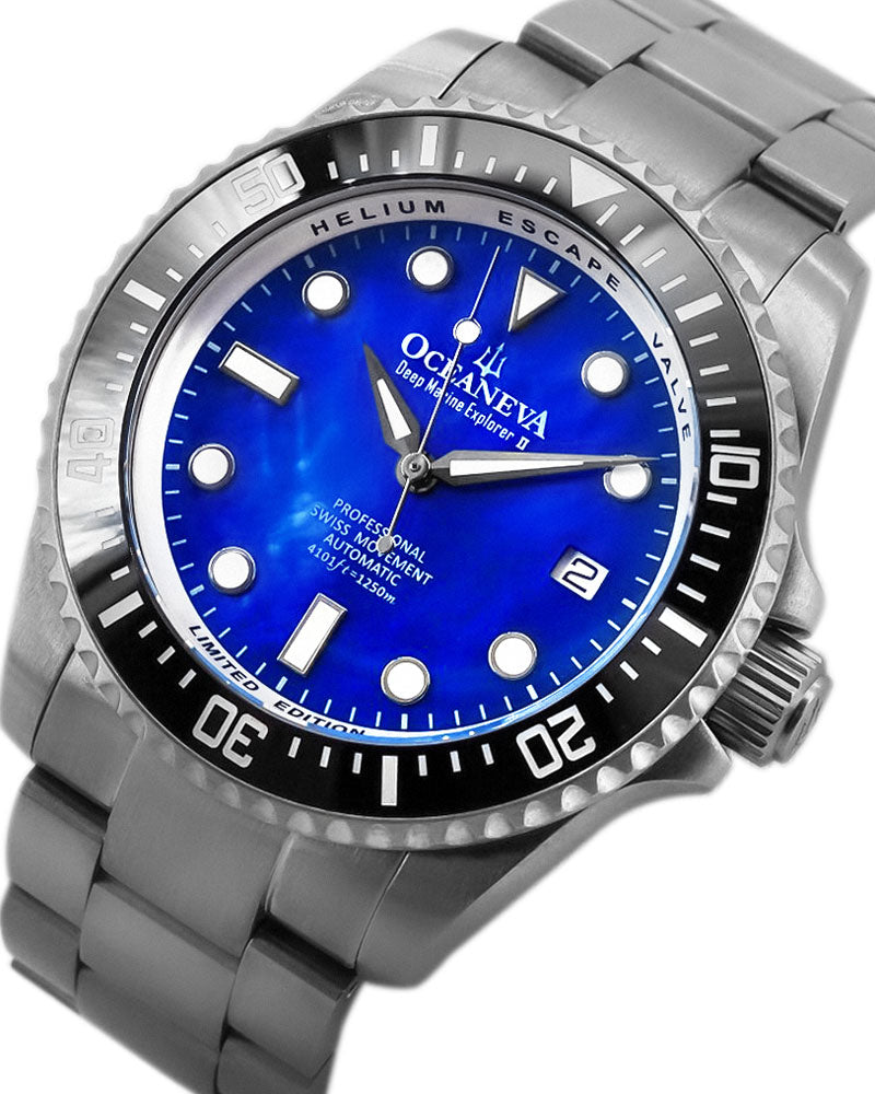 Oceaneva™ Men's Deep Marine Explorer II 1250M Titanium Watch Blue Mother Of Pearl