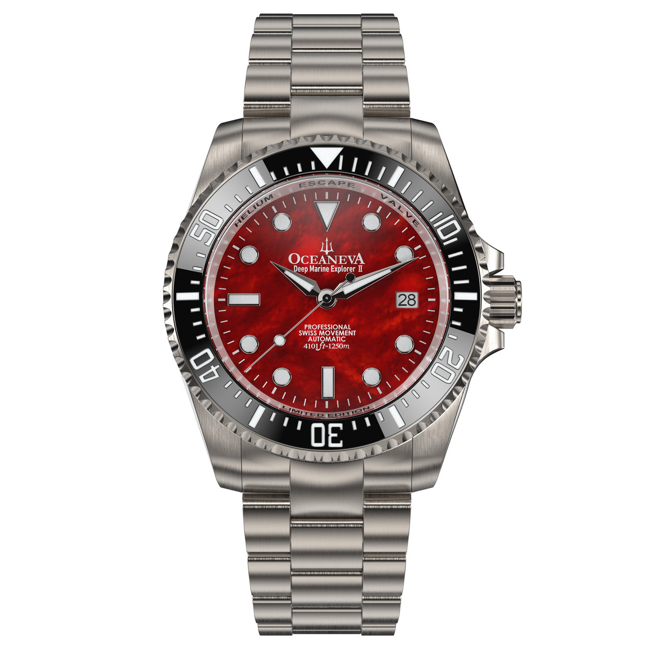 Oceaneva™ Men's Deep Marine Explorer II 1250M Titanium Watch Red Mother of Pearl Dial