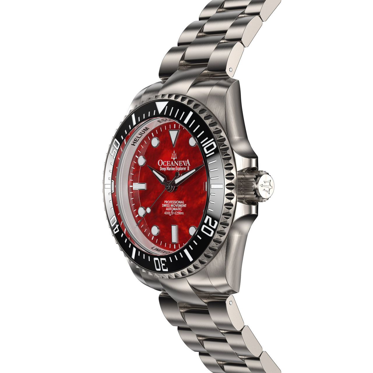 Oceaneva™ Men's Deep Marine Explorer II 1250M Titanium Watch Red Mother of Pearl Dial
