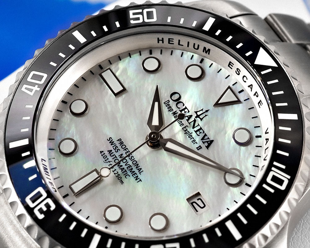 Oceaneva™ Men's Deep Marine Explorer II 1250M Titanium Watch White Mother Of Pearl