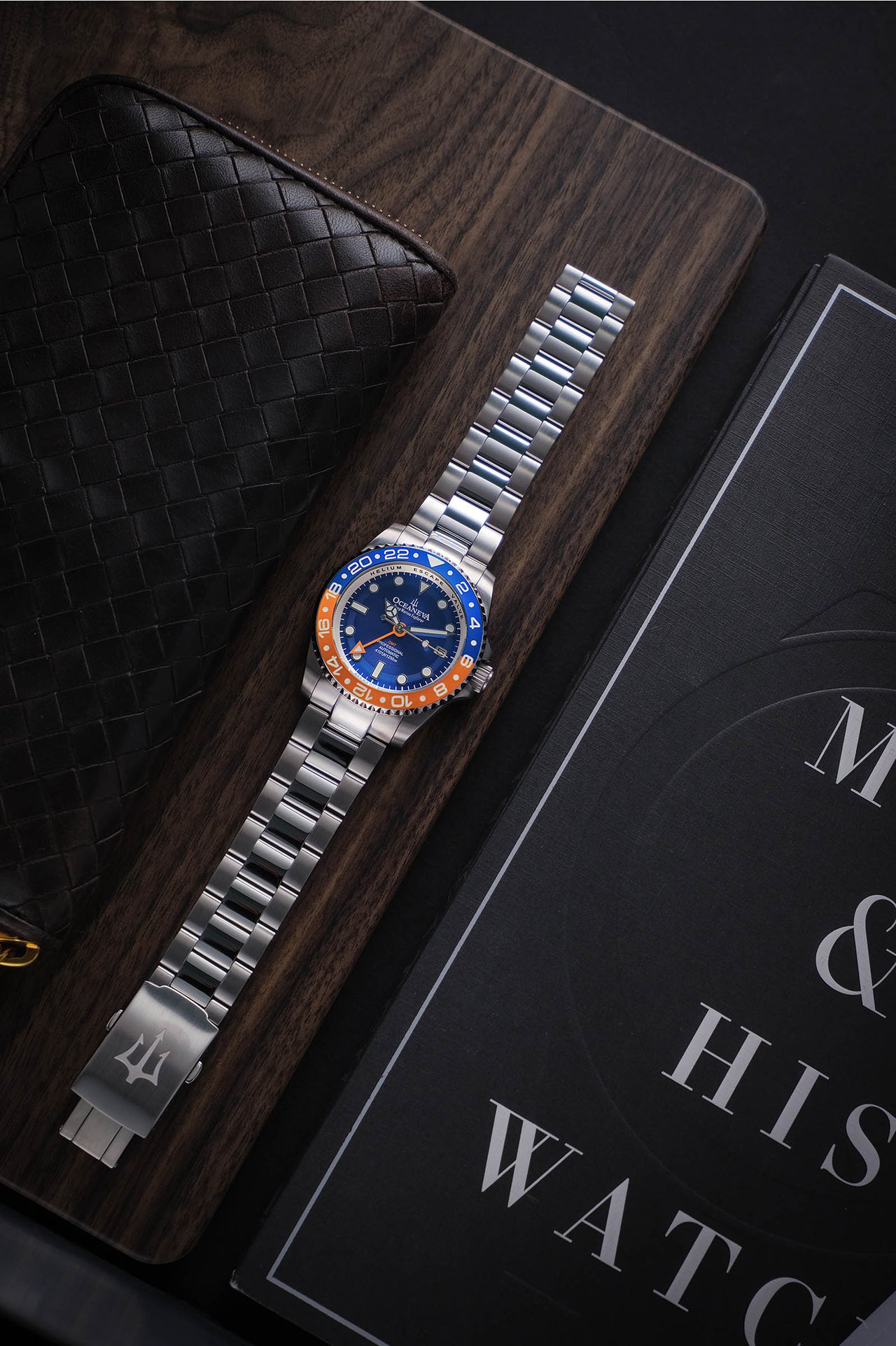 Oceaneva™ Men's GMT Automatic Deep Marine Explorer 1250M Pro Diver Orange Bezel Blue Dial Watch