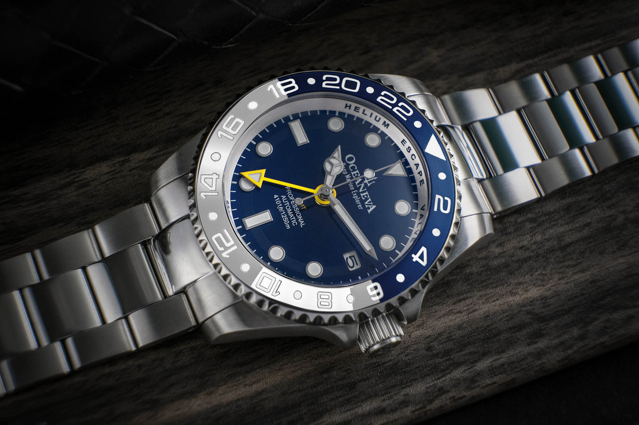 Oceaneva™ Men's GMT Automatic Deep Marine Explorer 1250M Pro Diver Blue Dial Silver Bezel Watch