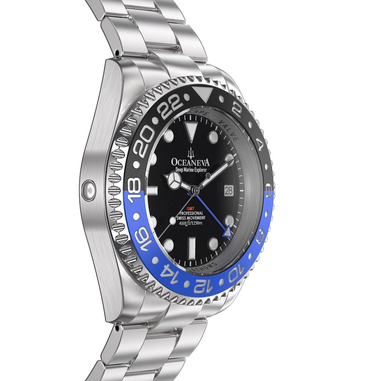 Oceaneva Men's GMT Deep Marine Explorer 1250M Pro Diver Watch Blue and Black - BL.RH.BK.GMT.ST 1250M diver, Dive Watch, Diver watch, GMT, GMT Wach, GMT Watch, Stainless Steel Dive Watch, Stainless Steel Watch, Swiss Quartz Movement