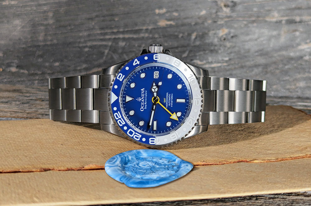 Oceaneva™ Men's GMT TITANIUM Automatic Deep Marine Explorer 1250M Blue & White Ceramic Bezel Watch