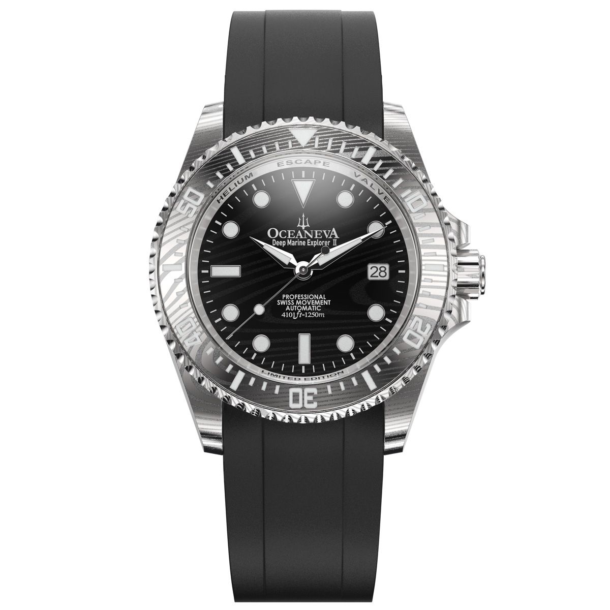 Oceaneva Mens Deep Marine Explorer II Black Damascus Steel Dial Watch