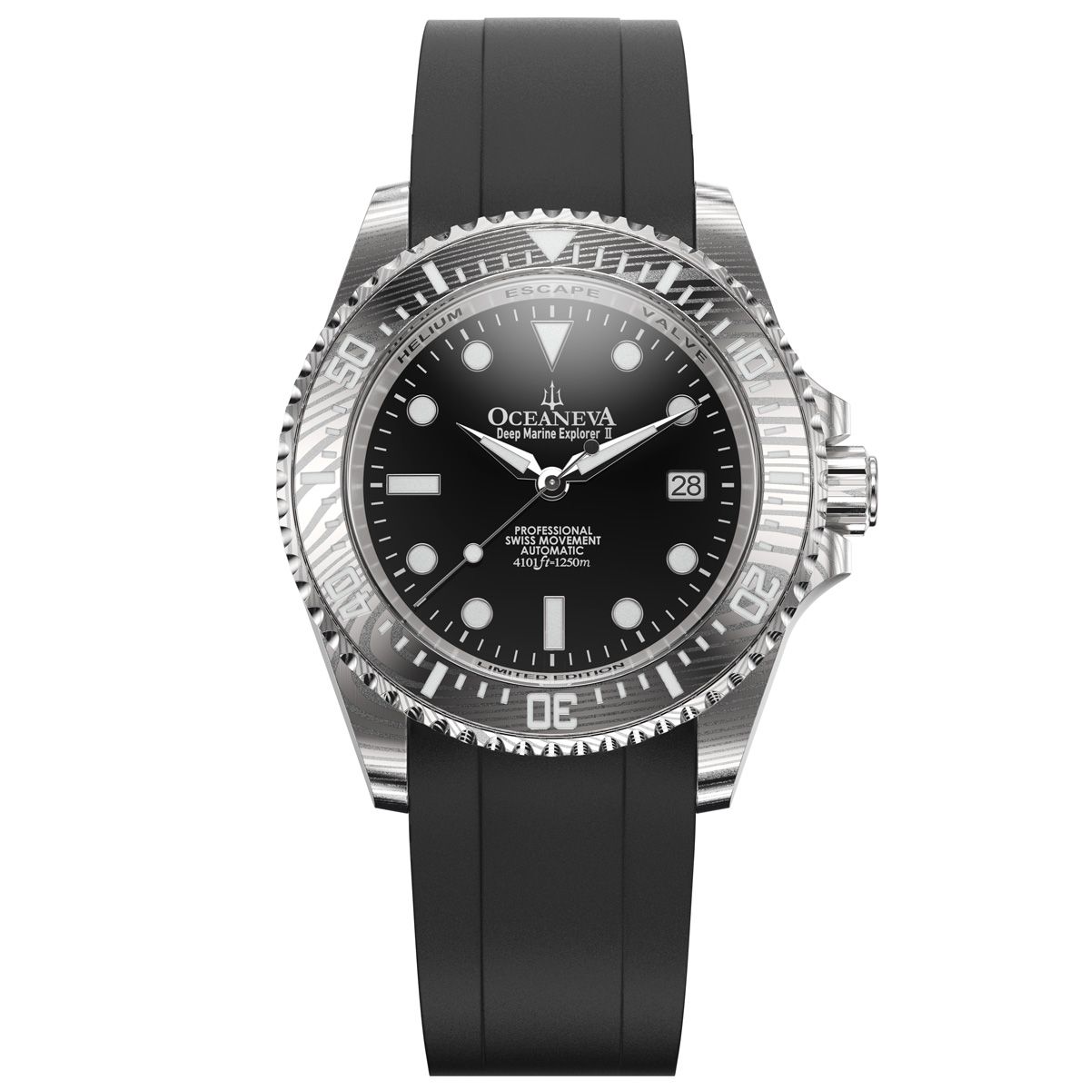 Oceaneva Men's Deep Marine Explorer II 1250m Damascus Steel Watch Rubber Strap
