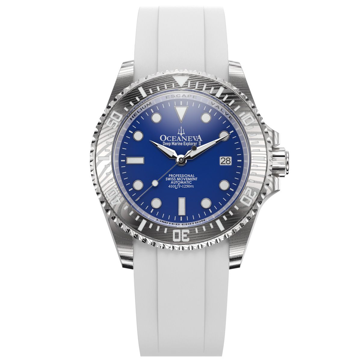 Oceaneva Mens Deep Marine Explorer II Damascus Steel Watch Blue Dial White Rubber