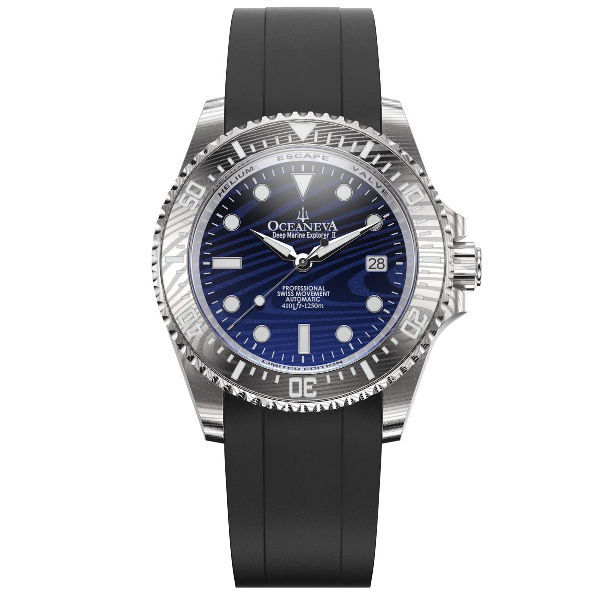 Damascus Steel Watch | Oceaneva Blue Ion Plated Damascus Steel Dial