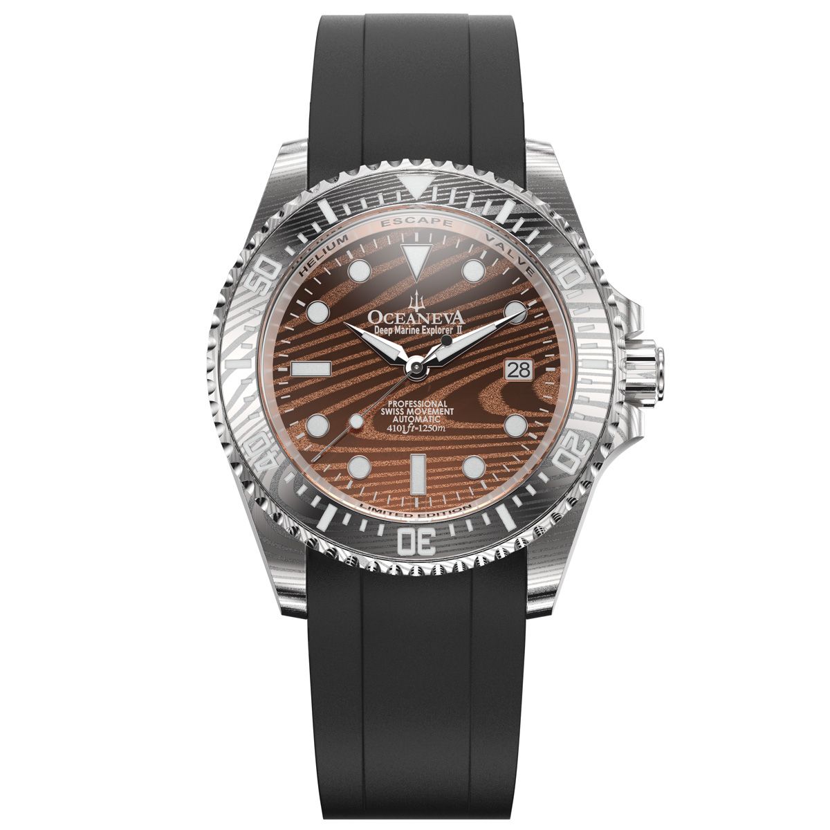 Oceaneva Mens Deep Marine Explorer II Coffee Brown Damascus Steel Dial Watch Rubber