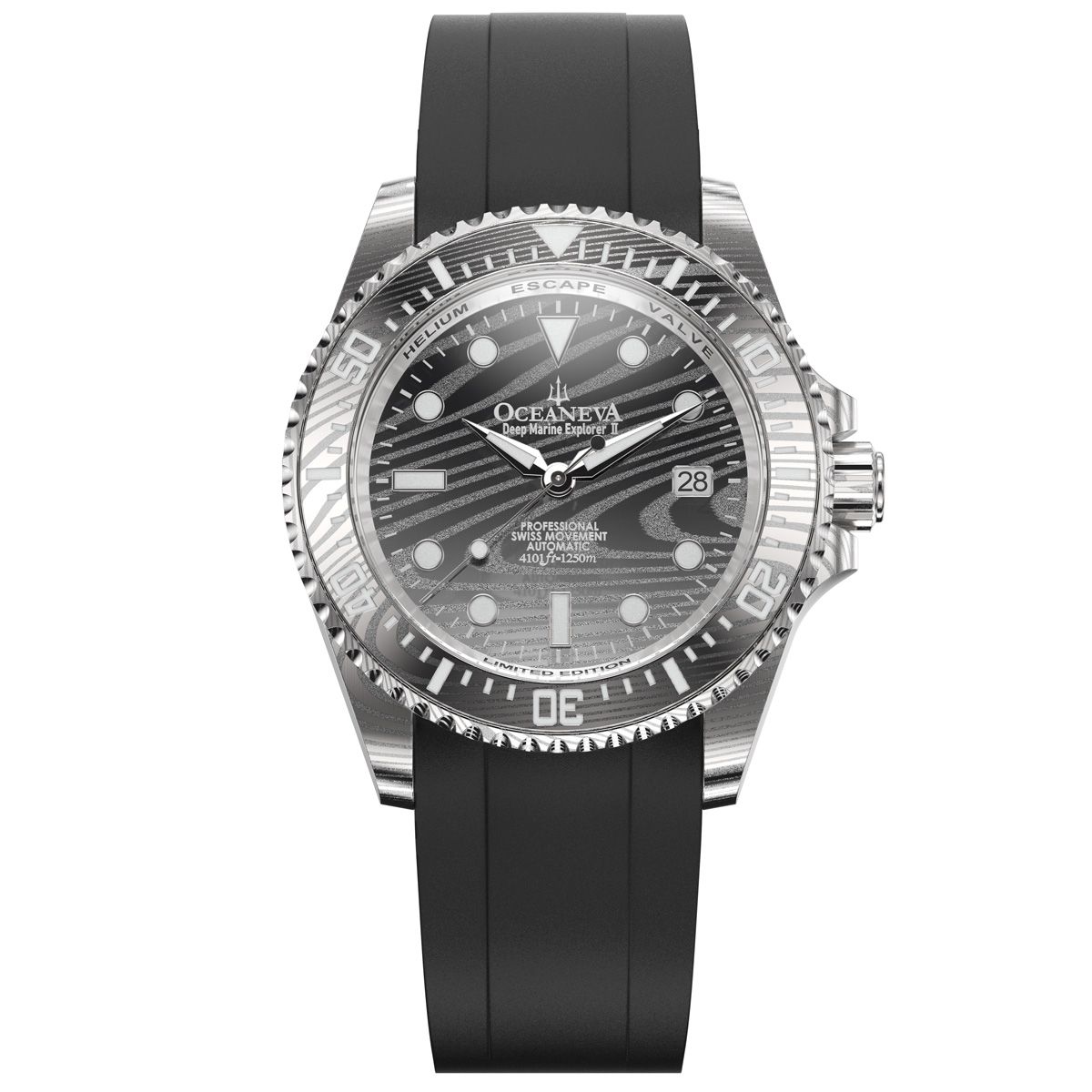 Oceaneva Mens Deep Marine Explorer II Damascus Steel Dial Watch Rubber