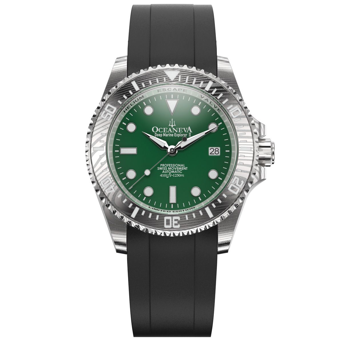 Oceaneva Mens Deep Marine Explorer II Damascus Steel Watch Green Dial