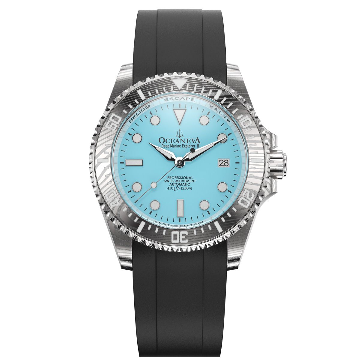 Oceaneva Mens Deep Marine Explorer II Sky Blue Dial Damascus Steel Watch