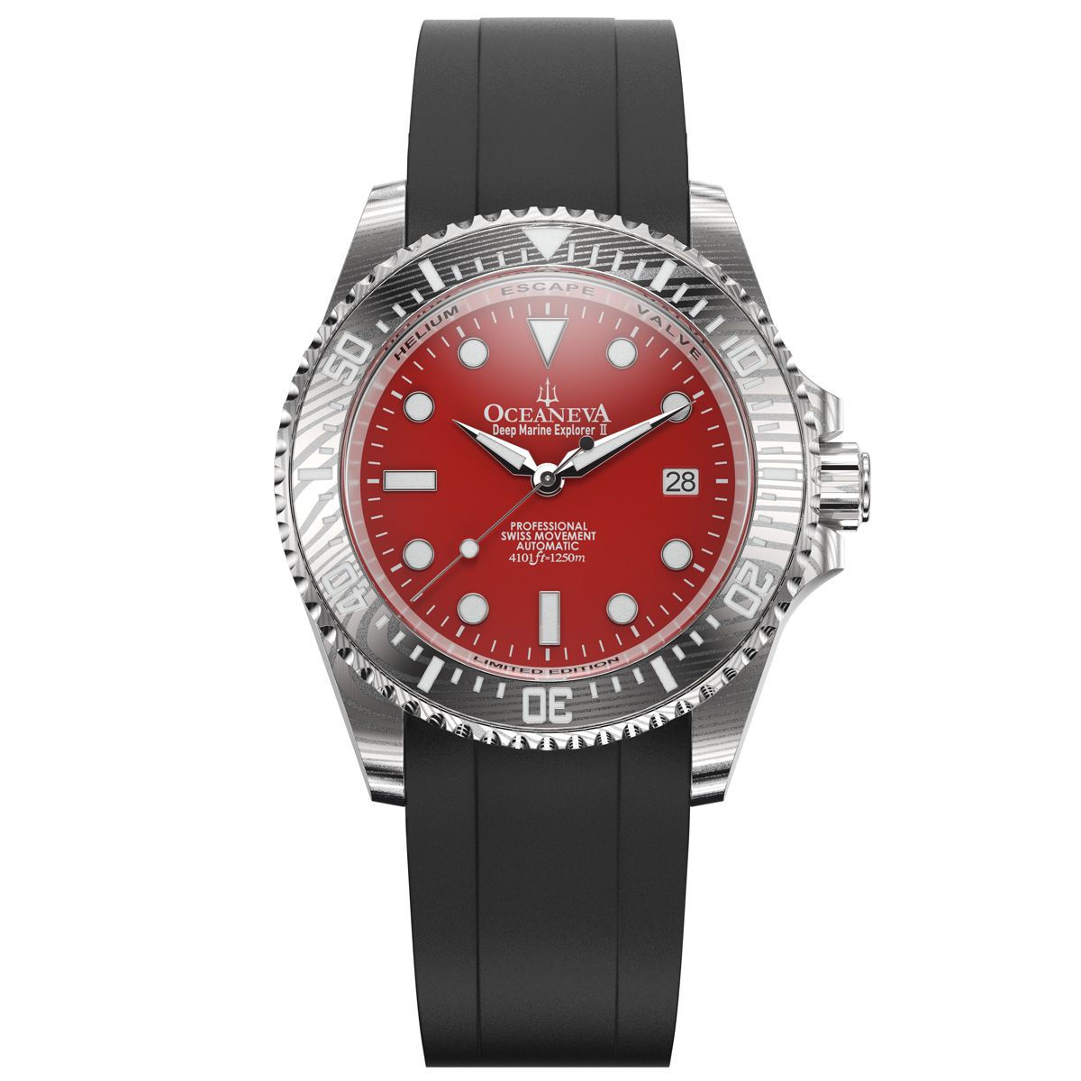 Oceaneva Mens Deep Marine Explorer II Damascus Steel Watch Red Dial