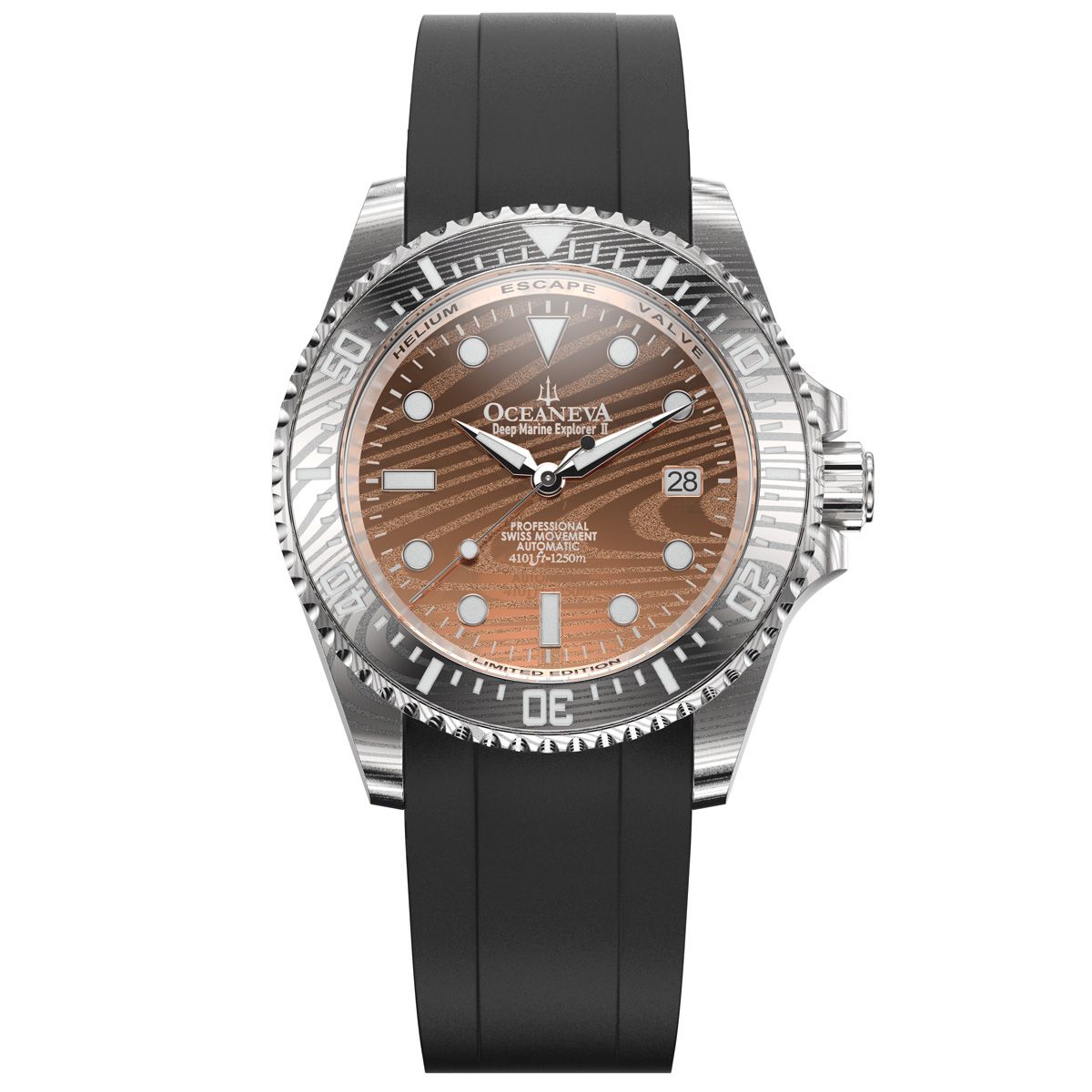 Oceaneva Mens Deep Marine Explorer II Rose Gold Damascus Steel Dial Watch Rubber