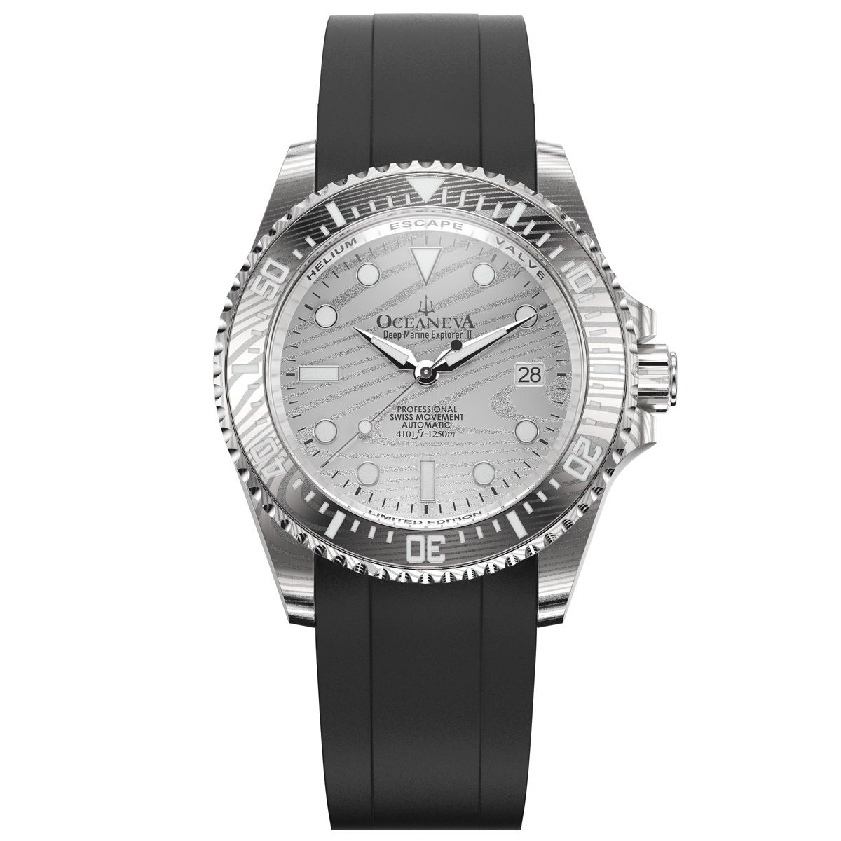 Oceaneva Mens Deep Marine Explorer II Silver Damascus Steel Dial Watch Rubber Strap