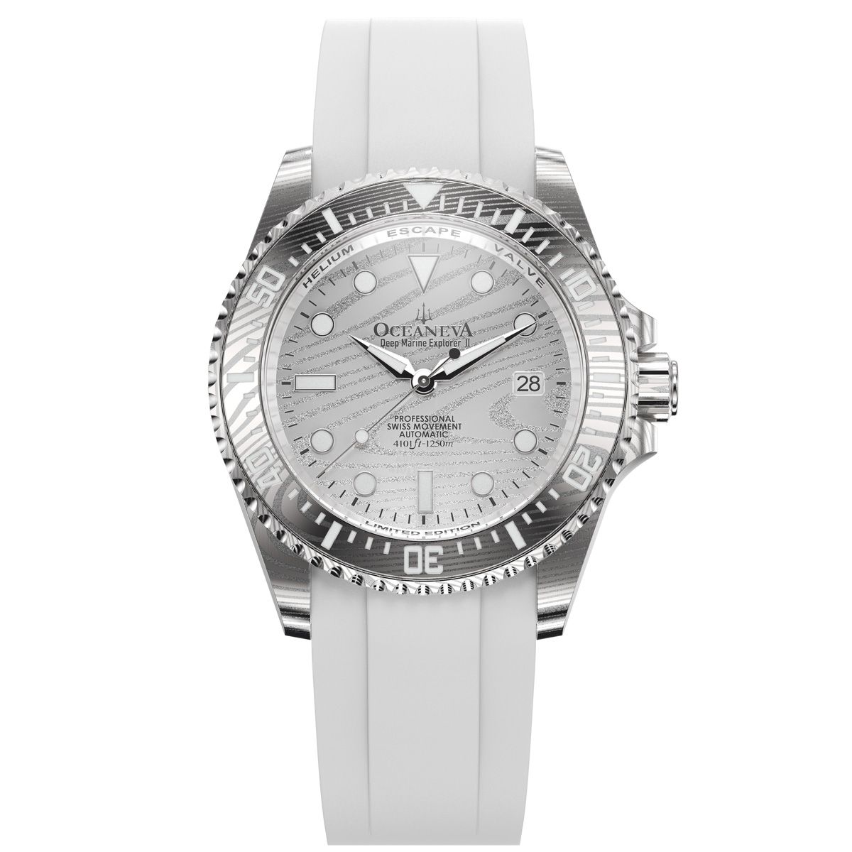 Oceaneva Mens Deep Marine Explorer II Silver Damascus Steel Dial Watch White Rubber